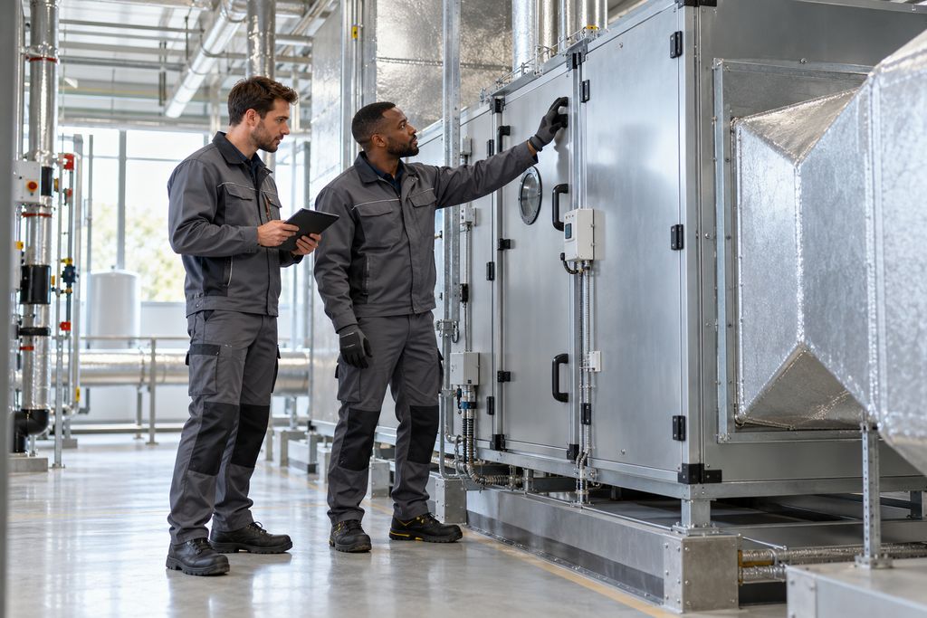 Illustrative maintenance engineers inspecting a building ventilation unit